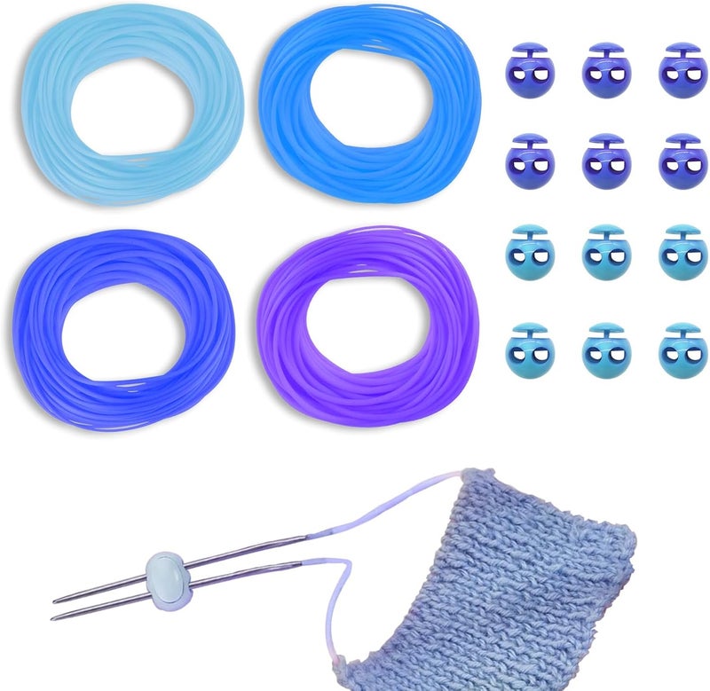 GeryVtee Cord Lock Kit Knitting Stitches Holder Barber Cord Stitch Markers Knit Stiches Keeper 12 Pcs Silicone Stitch Holders & 4 Rolls Round Barber Cords for Knitting Projects (Blue Style) - Image 1